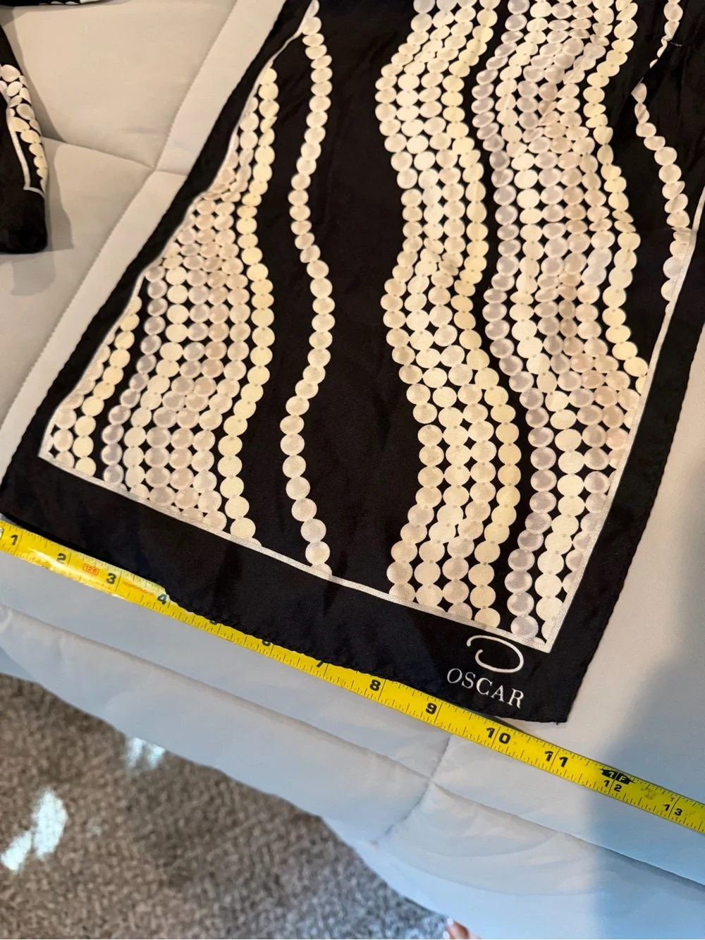 Vintage Oscar de la Renta black and white wavy pattern scarf with white circular